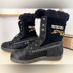 Technica black embroidered sheepskin lace up ski boots women’s 9.5